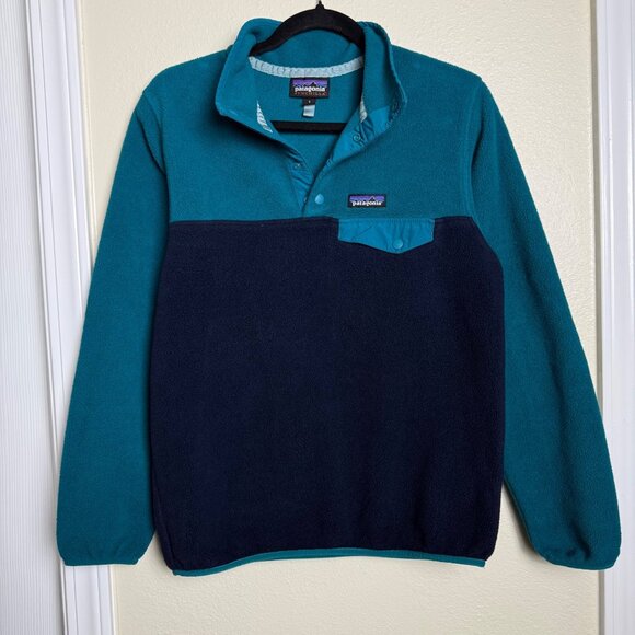 Vintage Patagonia Synchilla Snap-T Fleece Pullover Teal & Navy Blue Size M - Picture 1 of 7